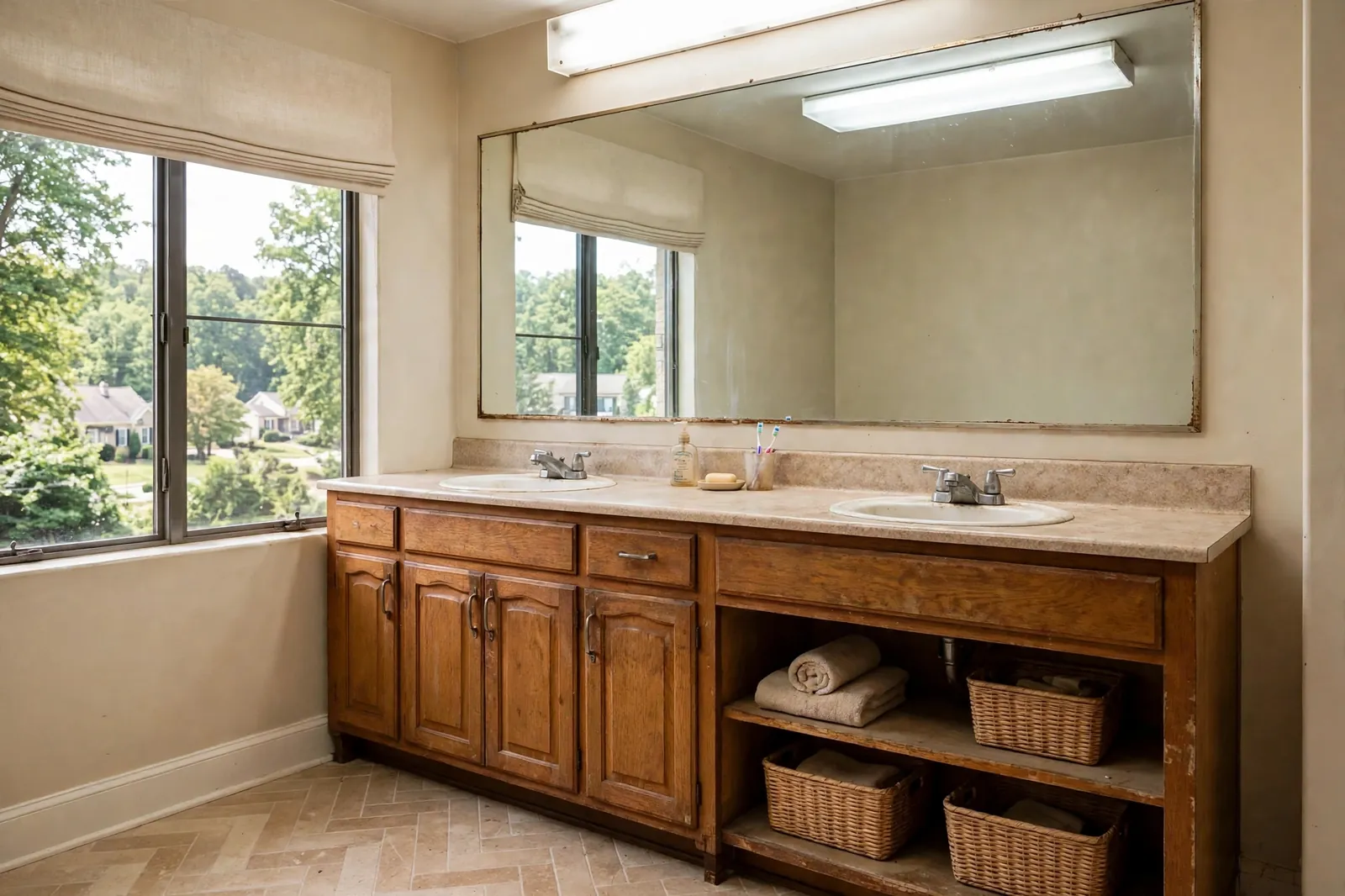 Before photo,  Double Vanity Project in Dorchester, by Waldorf Bathroom Remodeling Company
